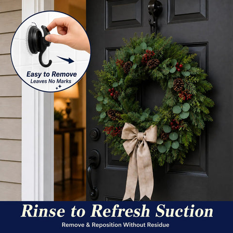 Heavy Duty Vacuum Suction Cup Hooks Black 2 Pack For Smooth Walls And Glass Zero Drama Mounting holding a wreath on a door.