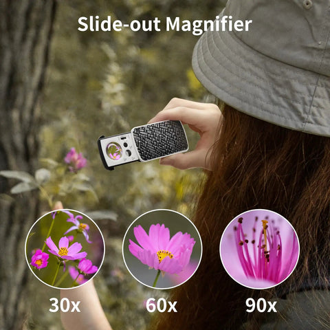 Person using Two Pack Illuminated Jewelers Loupe Set With 30X 60X 90X And 30X 60X Magnifications UV Black Light for flower detail.