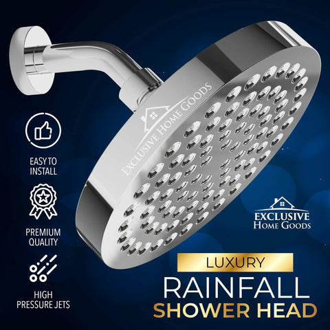 Deluxe Chrome Rainfall Shower Head With 6 Inch Diameter, High-Pressure Jets, Anti-Clog Silicone Nozzles, 2.5 GPM Flow