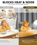 Two images comparing open and closed 100% Blackout Curtain Panels With TPU Bonded Lining For Hella Dark Rooms in a light gray faux linen look