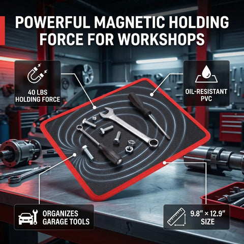 Heavy Duty Magnetic Tool Mat With PVC Coating Flexible 9.84 By 12.99 Inches Stays Put For Screwdrivers Wrenches Bolts And Small Parts In The Garage Or Shop Holds Tools Firmly Even On Tilted Surfaces.