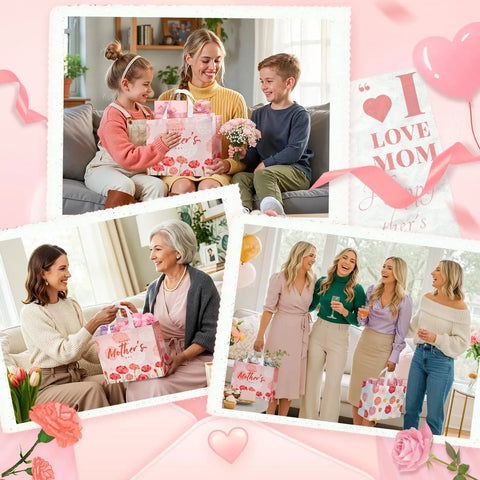 Two Pack 13 Inch Large Mothers Day Gift Bags With Handles, Reusable Nonwoven Floral Gift Bags With Cards, Comes With Tissue Paper