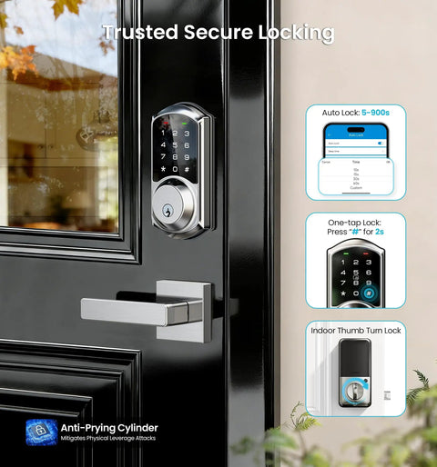 Smart Deadbolt Lock With Dual Lever Handles And Smartphone App Keyless Entry Door Lock featuring LED indicators and keypad.