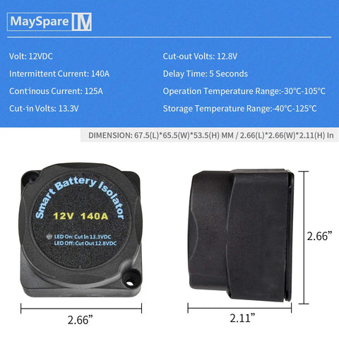 Heavy Duty Workhorse 12V 140A Voltage Sensitive Relay For Dual Battery Systems With Auto Trigger Switch, detailed view.