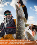 Angler holding large fish on boat with 100 Piece Spinner Lures Kit With Metal Trout Spoons Spinnerbaits and Baits Includes 4 Tackle Boxes.