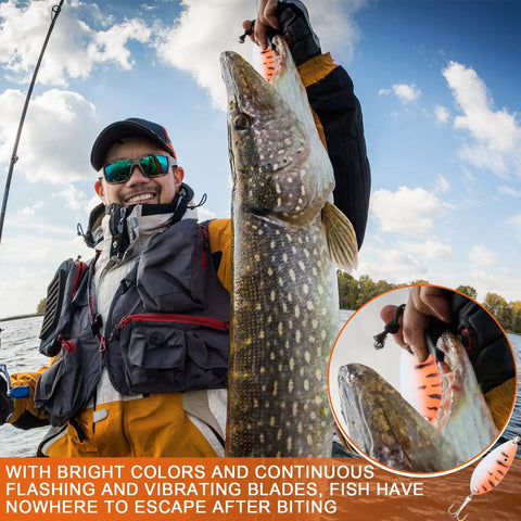 Angler holding large fish on boat with 100 Piece Spinner Lures Kit With Metal Trout Spoons Spinnerbaits and Baits Includes 4 Tackle Boxes.