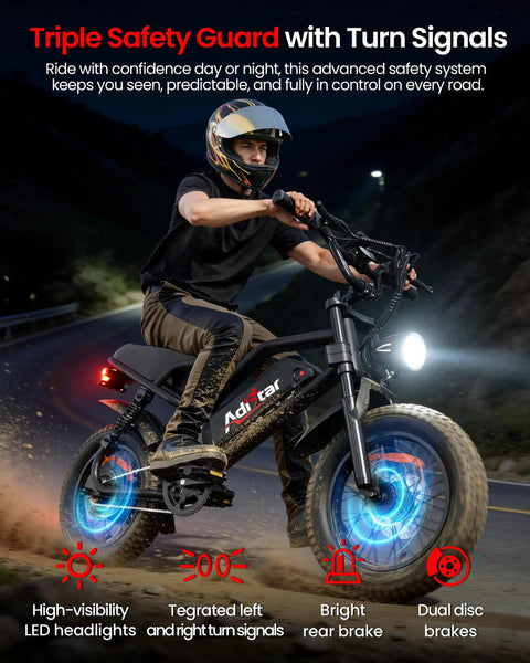 Rider on 16 Inch Fat Tire Electric Bike For Adults And Teens With Peak 1500W Power, 65 Mile Range, with LED headlights