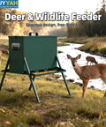 Rock Solid Heavy Duty Deer Feeder Delivering Ninety To One Hundred Ten Pound Capacity And Eighteen Gallon Storage Perfect For Big Game Hunting Trails, outdoor setting with deer.