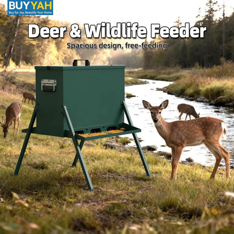 Rock Solid Heavy Duty Deer Feeder Delivering Ninety To One Hundred Ten Pound Capacity And Eighteen Gallon Storage Perfect For Big Game Hunting Trails, outdoor setting with deer.