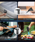 Collage showing Powerful Cordless Electric Air Duster With 180000 RPM Brushless Motor in various uses like air cushion inflation.