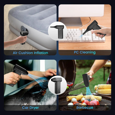Collage showing Powerful Cordless Electric Air Duster With 180000 RPM Brushless Motor in various uses like air cushion inflation.