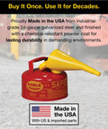 No Sweat One Gallon Type I Red Safety Gas Can With Self Closing Spout And Screw On Funnel For Hauling Gasoline Flammable Fuel Storage And Leak Proof Dispensing For Your Garage Haul And Weekend Grind in a garage setting.