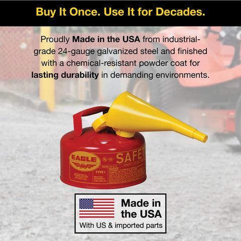 No Sweat One Gallon Type I Red Safety Gas Can With Self Closing Spout And Screw On Funnel For Hauling Gasoline Flammable Fuel Storage And Leak Proof Dispensing For Your Garage Haul And Weekend Grind in a garage setting.