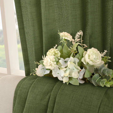 Dark Green Faux Linen Curtains For Kitchen Window Light Filtering Textured Drapes With Rod Pocket And Back Tab 2 Panel Set Each Panel 42 Inches Wide By 40 Inches Long Olive Toned Cafe Office Vibe close-up