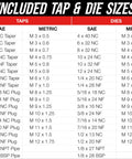 Size chart for Master Ratcheting Tap And Die Set With Metric And SAE Sizes For Creating And Repairing Threads Titanium Coated Finish
