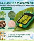 2 In 1 Kids Camera And Microscope Toy With 2.8 Inch Touchscreen, handheld STEM explorer on leaf showing microscope view