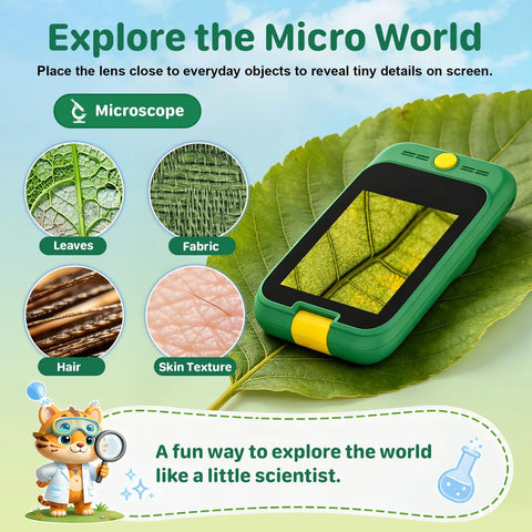 2 In 1 Kids Camera And Microscope Toy With 2.8 Inch Touchscreen, handheld STEM explorer on leaf showing microscope view