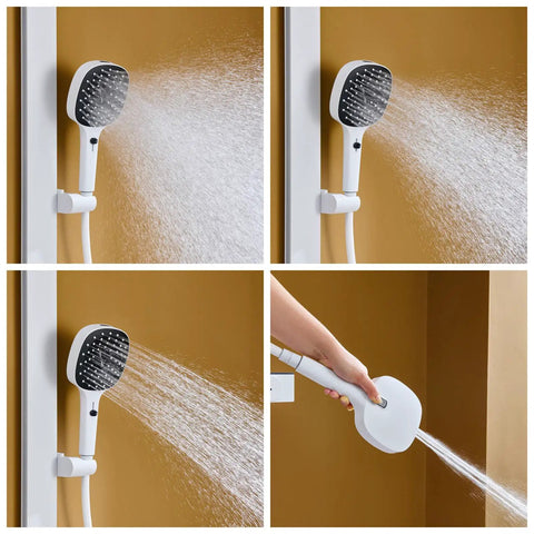 Exposed Shower Faucet System Piano Key Diverter Control White, featuring hand shower with adjustable spray mode in action.