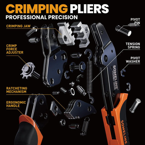 Exploded view of Solar Connector Crimping Tool Kit For 14-10 AWG Cables showing components like crimp jaw, handle, and adjuster.
