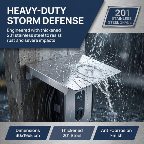 Hella Strong Heavy Duty Stainless Steel Ev Charger Housing Outdoor Weather Resistant Rain Snow Wind Cover Universal Fit Wall Mount Shelter Box Guard Premium Finish protecting charging station from rain with thickened 201 stainless steel at an angle.