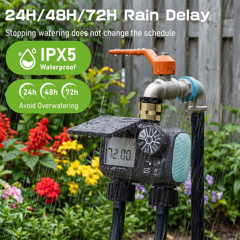 Two Zone Solar Water Timer For Garden Hose With Auto Manual Rain Delay Modes on lawn with rain