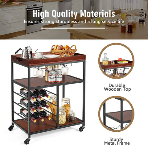 Slick Rolling Kitchen Island Cart With Rustic Brown Wood And Steel Frame Nine Bottle Wine Rack Double Glass Holders Lockable Wheels Utility Beverage Trolley For Tight Spaces And Weekend Kickbacks