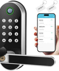 Fingerprint Smart Door Lock With Handle And Keypad No More Lost Keys Keyless Entry And Remote Access For Home Airbnb And Rentals DIY Install Works With Alexa And Google Assistant, showing lock with keypad, smartphone app, and key fobs.