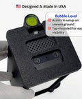 Adjustable Leveling Protective Case With Polycarbonate Shield showing bubble level and controls for golf launch monitor