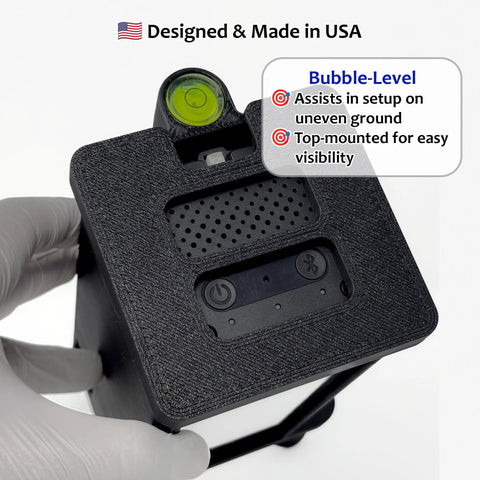 Adjustable Leveling Protective Case With Polycarbonate Shield showing bubble level and controls for golf launch monitor