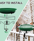 Built Different 100W Heated Bird Bath For Deck Railing With Smart Thermostat, green bowl with birds on snowy railing.