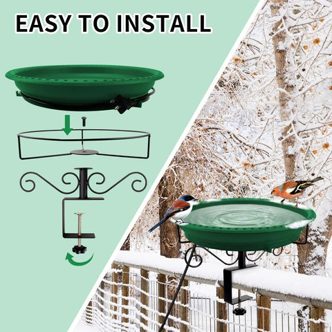 Built Different 100W Heated Bird Bath For Deck Railing With Smart Thermostat, green bowl with birds on snowy railing.