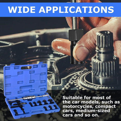 12 Piece Motorcycle Blind Hole Collet Bearing Puller Tool Kit Pro Grade With Storage Box And 8 To 32 Millimeter Collets And A 360 Millimeter Slide Hammer For Wheel Bearing Removal And Inner Bearing Extractor, shown in use on a wheel hub