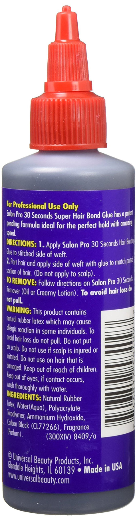 Back view of 30 Second Bonding Glue For Weaves And Hair Extensions With Antifungal Formula That Dries In Seconds At The Scalp bottle