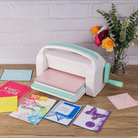 Manual Die Cutting Machine For Scrapbooking And Card Making, 9 Inch Opening, Embossing And Die Cutting Tool on table with cards