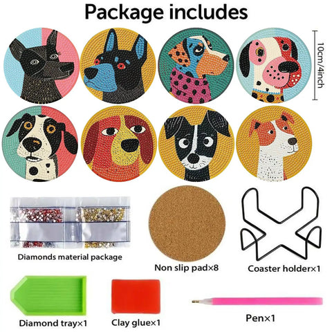 8 Pack Diamond Art Coaster Kit With Holder And Cork Pads, 5D DIY Puppy Diamond Painting Coasters, tools, and accessories