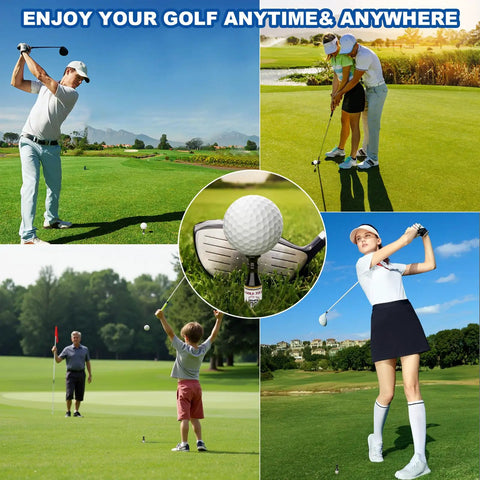 Collage of golfers on courses, featuring a central image of a tee with ball, promoting Hilarious Lucky Eight Golf Tees Set For Bachelor Parties And Golf Lovers.