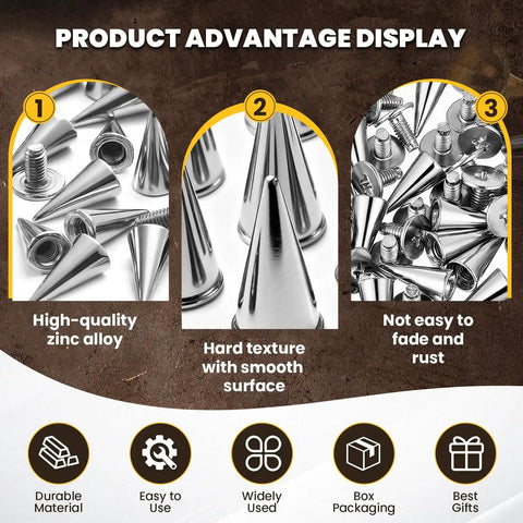 Dope Punk Spikes And Studs Kit With 500 Sets In 11 Sizes For Jackets Shoes Belts Bags And Leather Craft DIY Accessories Perfect For Customizing Denim Leather And Fashion Accessories With Durable Metal Rivets product advantage display