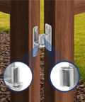 Detachable stainless steel door hinge set, installed on wooden posts; 5/8 in pins, 600 lb capacity, wall-mount.