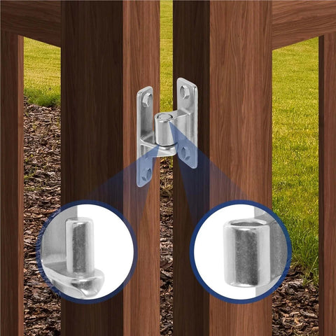 Detachable stainless steel door hinge set, installed on wooden posts; 5/8 in pins, 600 lb capacity, wall-mount.