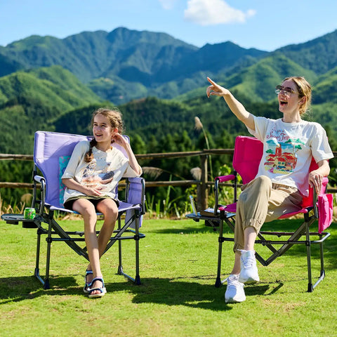 Woman and child seated in Compact Folding Directors Chair With Side Table And Pocket Pink Heavy Duty Lawn Chair outdoors