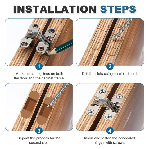 Installation steps for 4 Pack Hidden Cabinet Door Hinges 1.65 Inch By 0.45 Inch 180 Degree Concealed Cross Hinge on wood