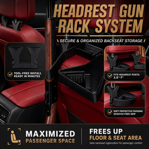Seat Back Gun Rack For Truck And SUV Vertical Rifle And Shotgun Holder with scratch free rubber grip installed in red car interior