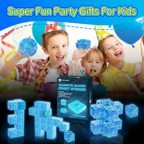 Children enjoy 4 In 1 Glow In The Dark Blue Magnetic Fidget Spinner Set With Magnetic Building Blocks And Infinity Cube at a party.
