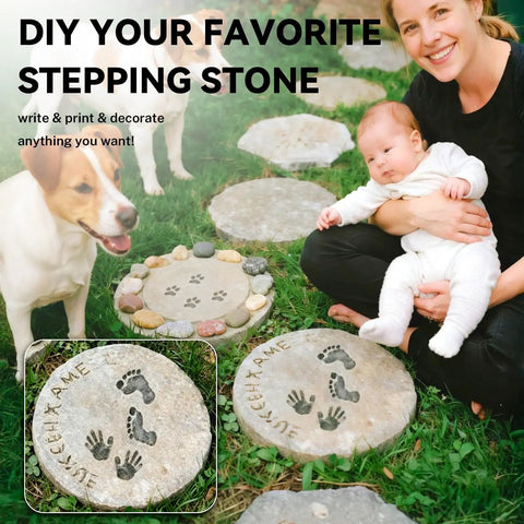 Family and dog in garden with DIY stepping stones from Six Piece Round DIY Concrete Stepping Stone Molds Set In Three Sizes 10.2 Inch 11 Inch 12.6 Inch Reusable Plastic Molds For Outdoor Garden Path Walkway Decor And Memorial Gifts.