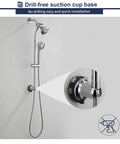 Two In One Handheld And Overhead Shower Head System In Chrome With Five Modes Four Inch And Four Inch Dual Shower Heads Liftable No Drill Install Sixty Inch Stainless Steel Hose shown with drill-free suction cup base.