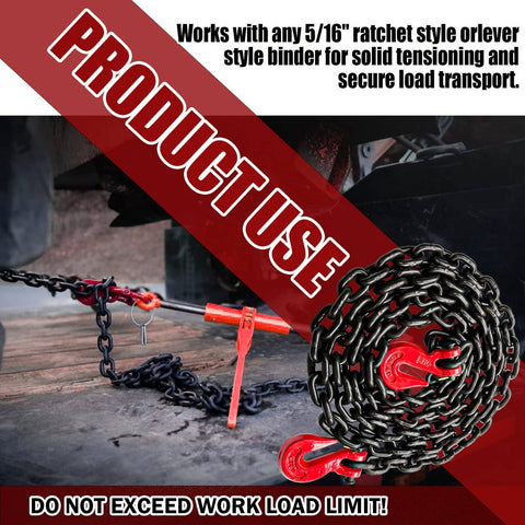 G80 Transport Binder Chain Five Sixteenth Inch Ten Foot With Clevis Grab Hooks for towing and tie down securement