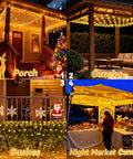 Collage of 10x10Ft Gazebo Net Lights Outdoor With 200 LED Waterproof Mesh Lighting Timer 8 Modes on porch, gazebo, bushes, and canopy.