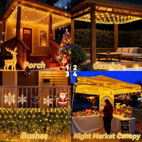 Collage of 10x10Ft Gazebo Net Lights Outdoor With 200 LED Waterproof Mesh Lighting Timer 8 Modes on porch, gazebo, bushes, and canopy.