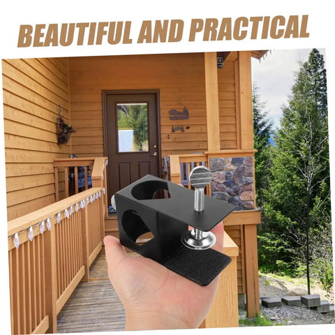 Hand holding Outdoor Torch Holder Clamp For Deck And Garden String Light Poles Tiki Torch Mount No Fuss Install Bracket