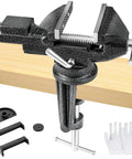 Beefy Three Inch Bench Vise With 360 Degree Swivel Base Clamp On Heavy Duty Cast Iron Vise attached to wooden surface